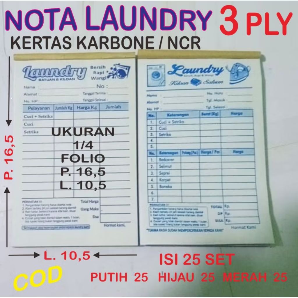 

nota laundry 3 ply ukuran 1/4 folio. ditulis langsung tembus. Readystok