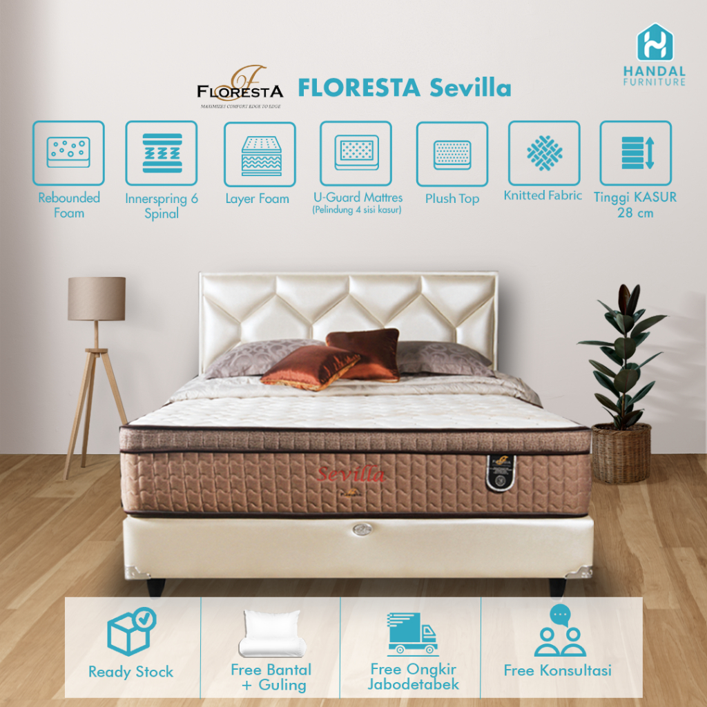 Kasur Springbed Floresta Sevilla 100x200, 120x200, 160x200, 180x200, 200x200 Dengan Plush Top dan M-