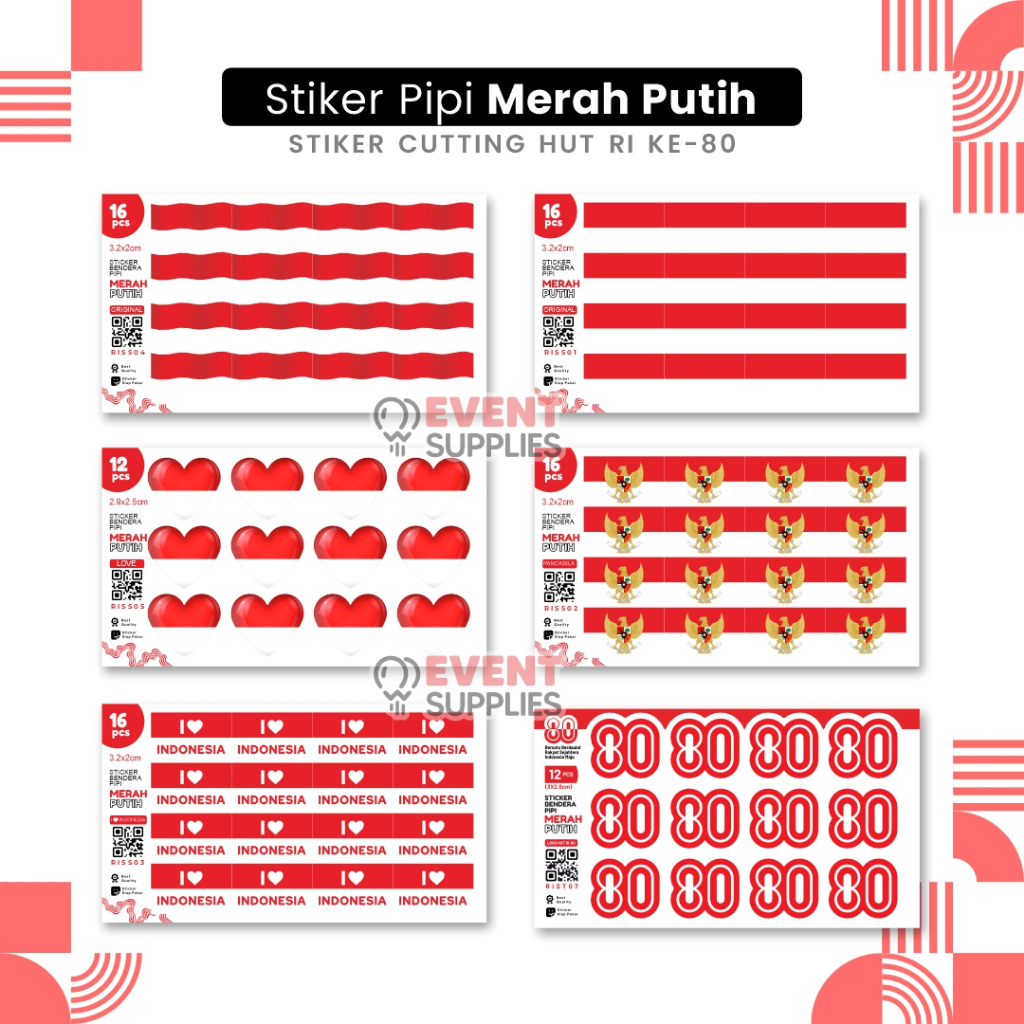 

[ECER] Stiker Pipi KECIL Merah Putih / Sticker Bendera Dirgahayu HUT RI Perlembar Isi 16 / 12 Bendera / I Love / Love / Hut 80