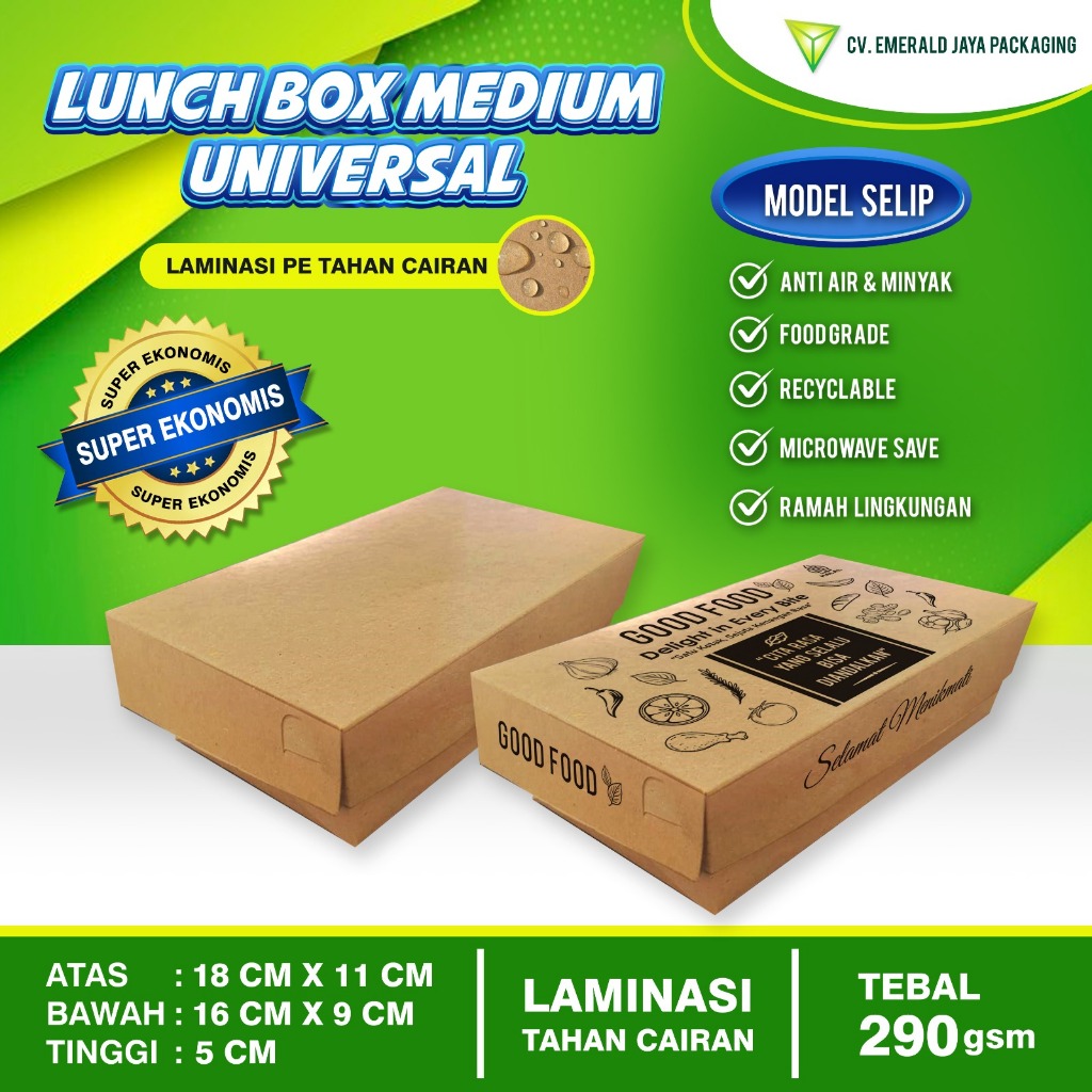 Lunch Box Paper Size M Laminasi | Anti Minyak & Anti Bocor - Model Selip Siap Pakai