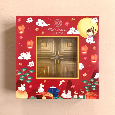 

Dus Box Packaging Kotak Mooncake Mid Autumn Festival Versi Maroon Ukuran 18 x 18 x 5 cm Jendela mika