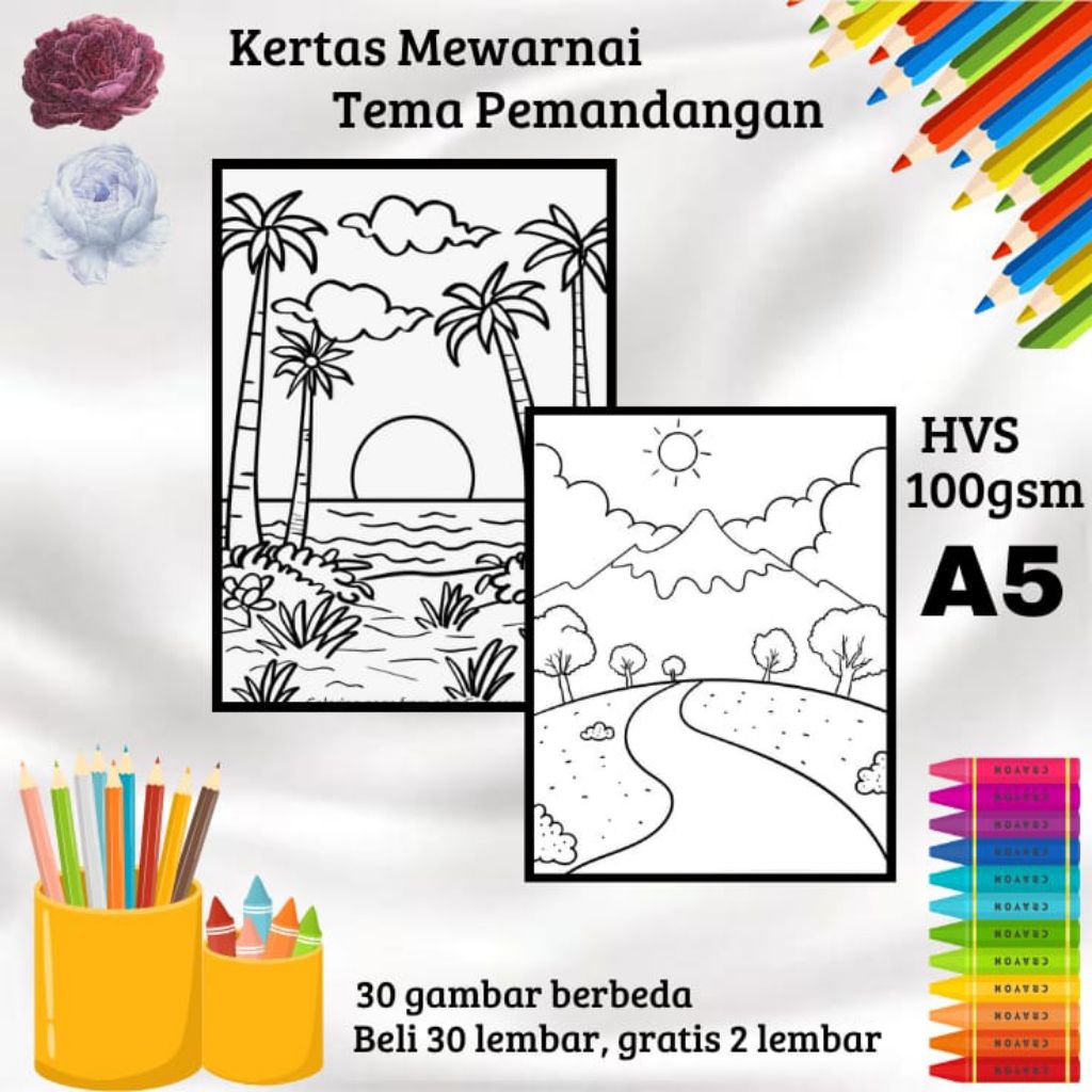 

30 LEMBAR KERTAS GAMBAR MEWARNAI TEMA PEMANDANGAN (READY LANGSUNG KIRIM)