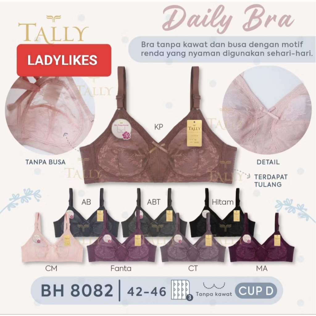 TALLY BRA JUMBO BAHAN BRUKAT TANPA KAWAT DAN TANPA BUSA 8082 CUP D