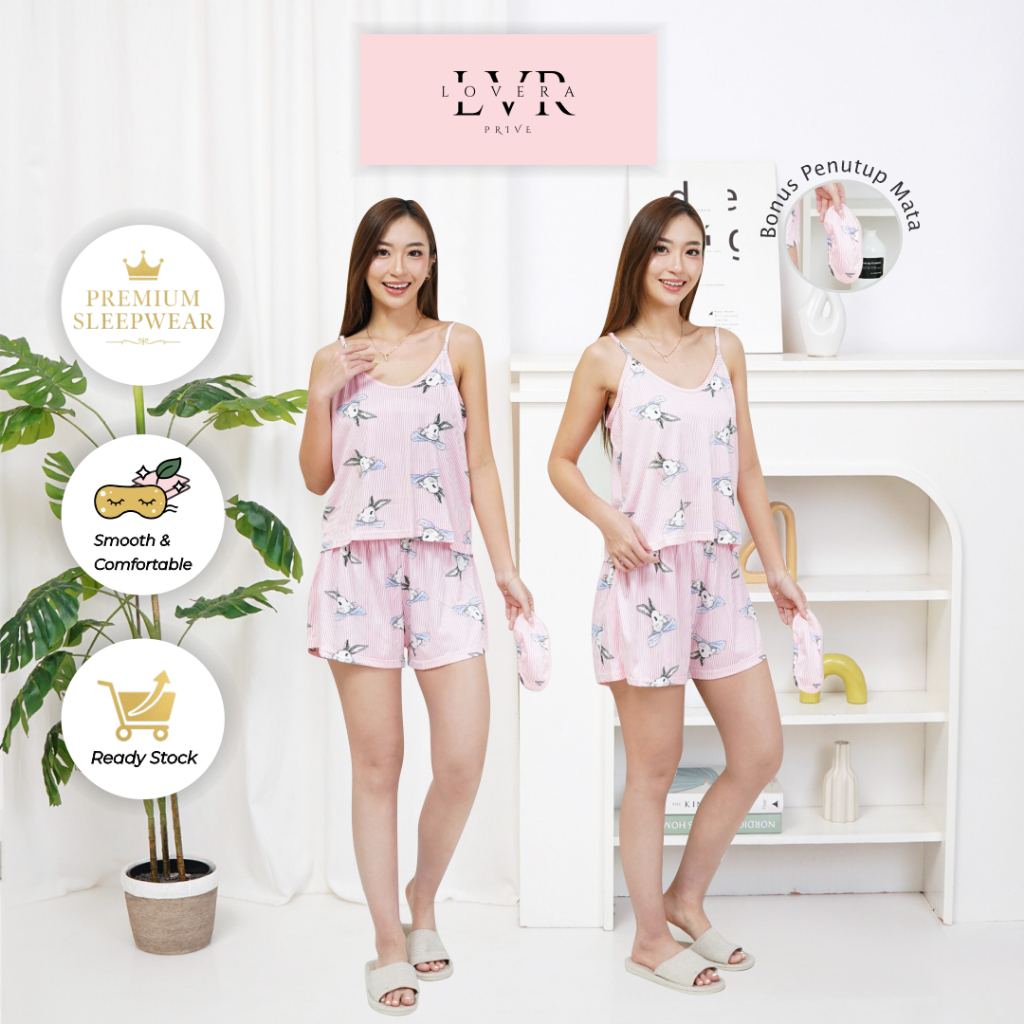 Lovera Piyama Baju Tidur Set HP Lengan Tali Celana Pendek Model Kaos Sexy Free Penutup Mata
