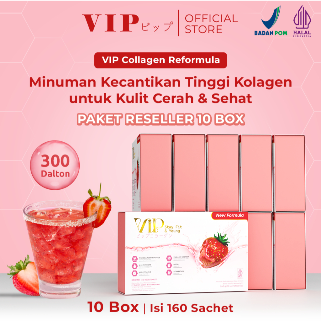 VIP Collagen KOREA New Formula - Minuman Kolagen 5500mg + Glutathione 360mg | 10 Box isi 160 Sachet 