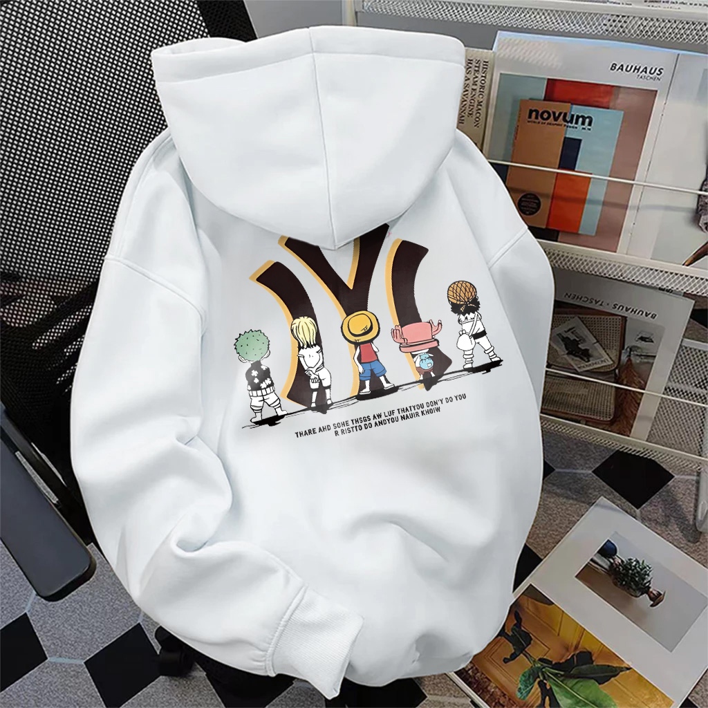 Disneay Hoodie Pria | Kartun Anime One Piece Patterned Graffiti Putih Hoodie Pria Boxy | Luffy N&Y| 