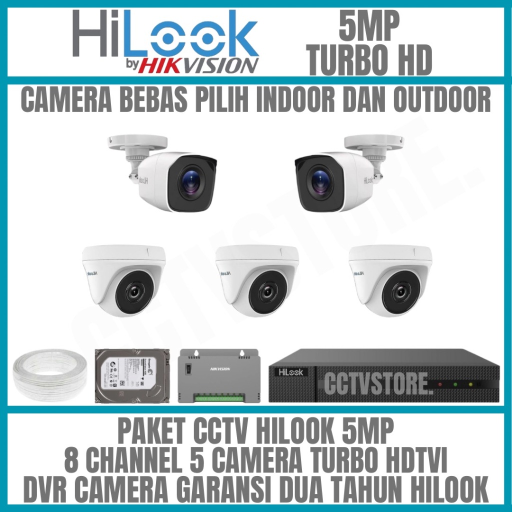 Paket cctv hilook 5mp 8 channel 5 camera turbo hd kamera cctv komplit