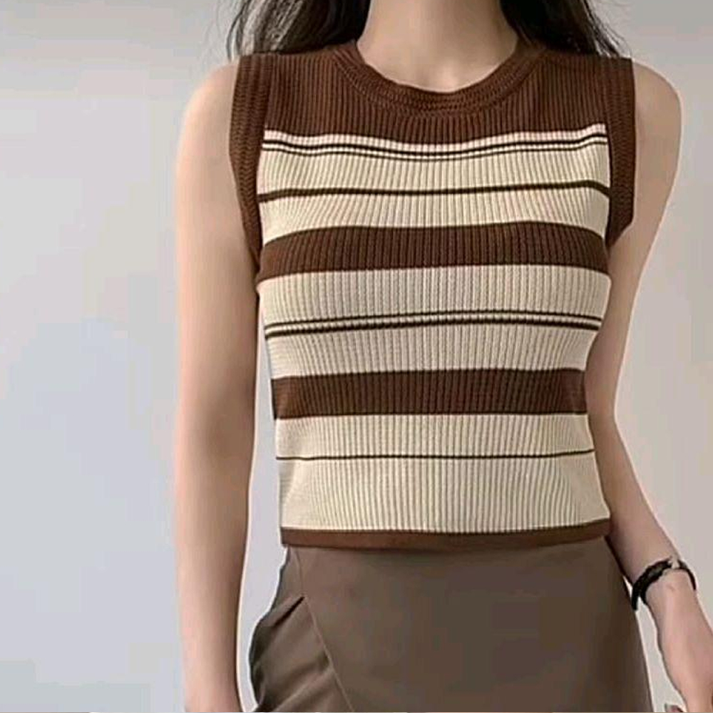 tengtop knit rajut motif garis Sleeveless crop top Korea style