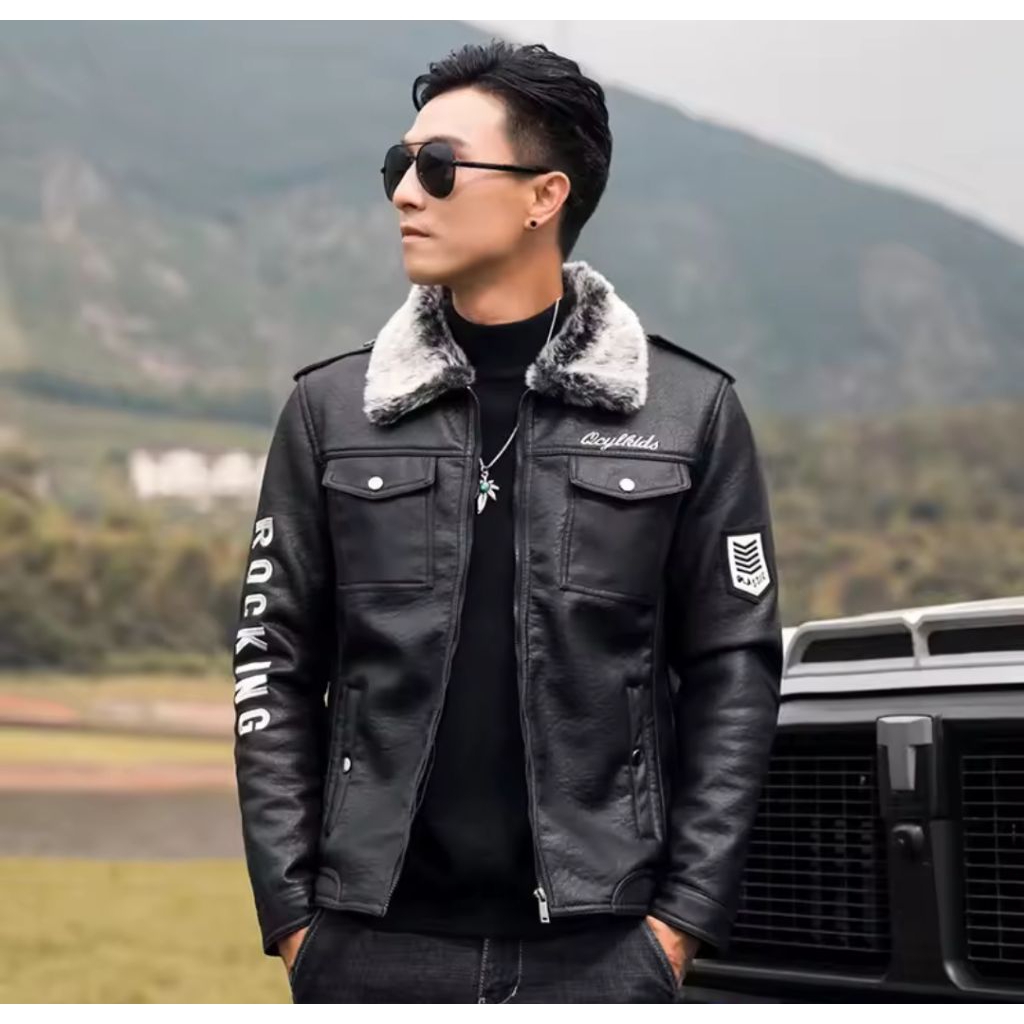 Jaket kulit asli Sapi pria premium model rocker modern dengan kerah bulu hangat