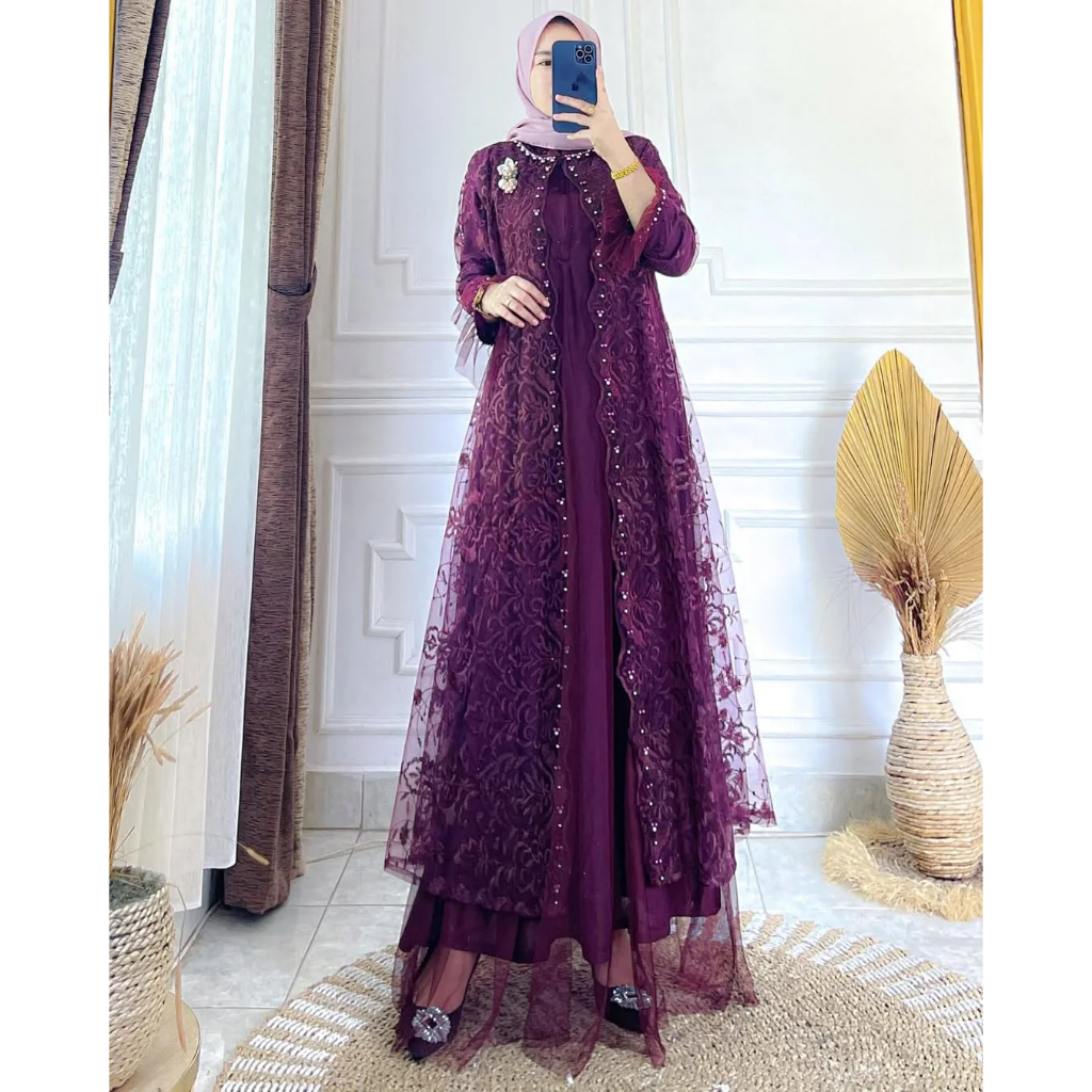 Dress Kondangan Tile Brukat Pesta Lydia Dress Bahan Tile Aksen Payet Mutiara Gamis Kondangan Mewah