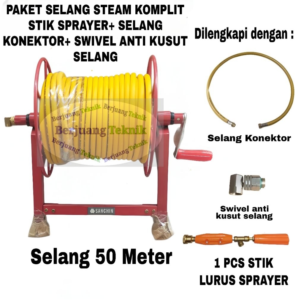 Paket selang steam, Selang Sprayer, selang air 50 meter komplit gulungan dan stik