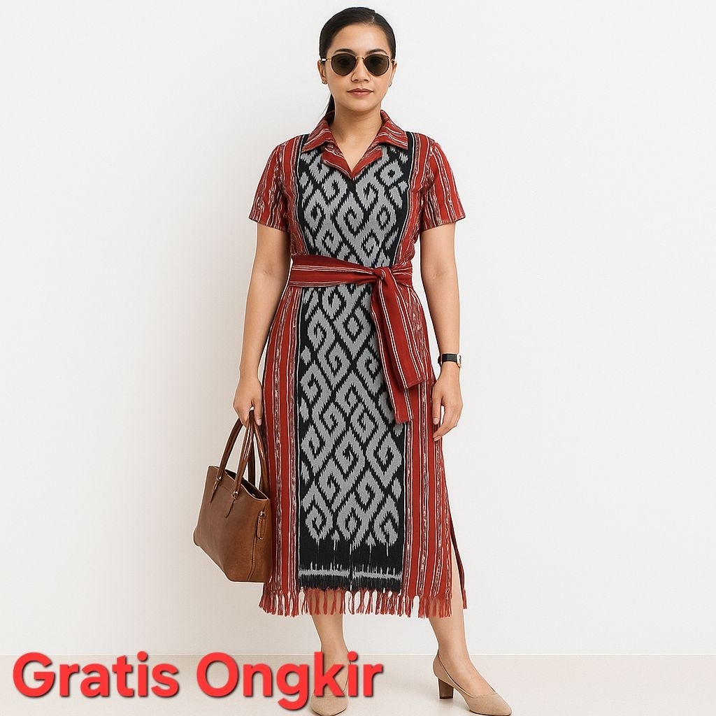 DRESS TENUN WANITA JEPARA MODERN – GAUN BATIK TENUN LENGAN PENDEK UNTUK KONDANGAN, GEREJA, LEBARAN –