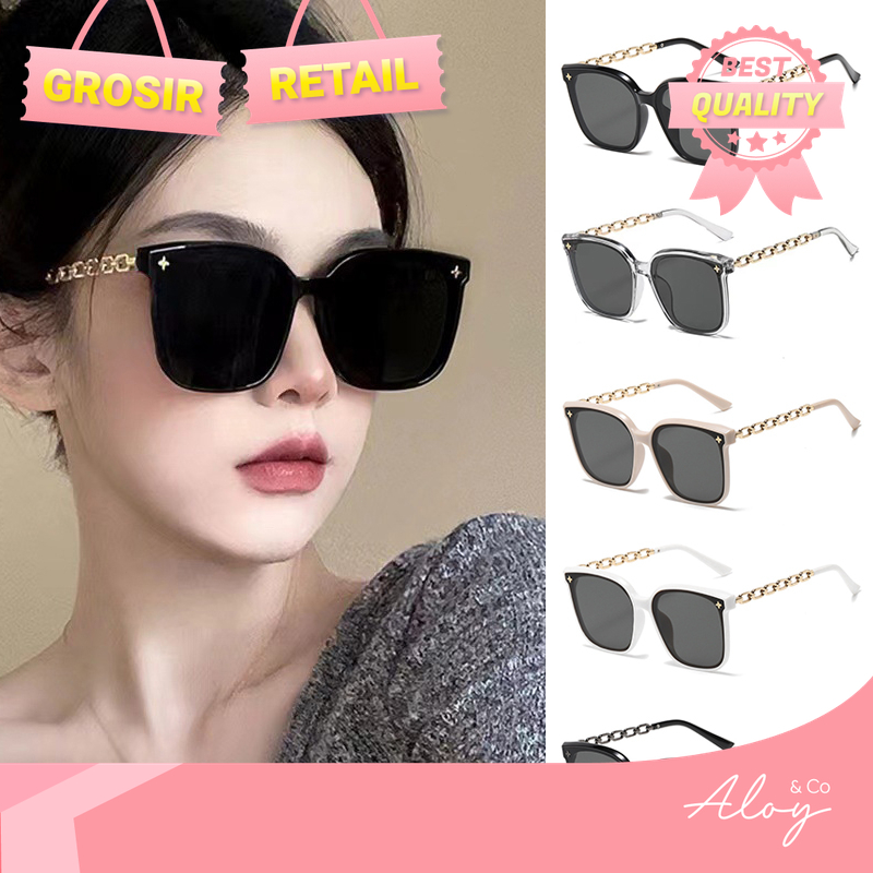 ALOY RETAIL PL-H023 Kacamata Hitam Wanita Frame Model Rantai Logam Plastik Oversized Women Sunglasse