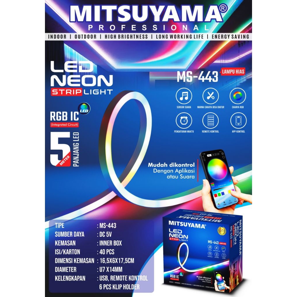 Lampu hias kamar led strip ms-443 10 mode lampu LED NEON RGB panjang 5 meter warna cahaya bisa di at