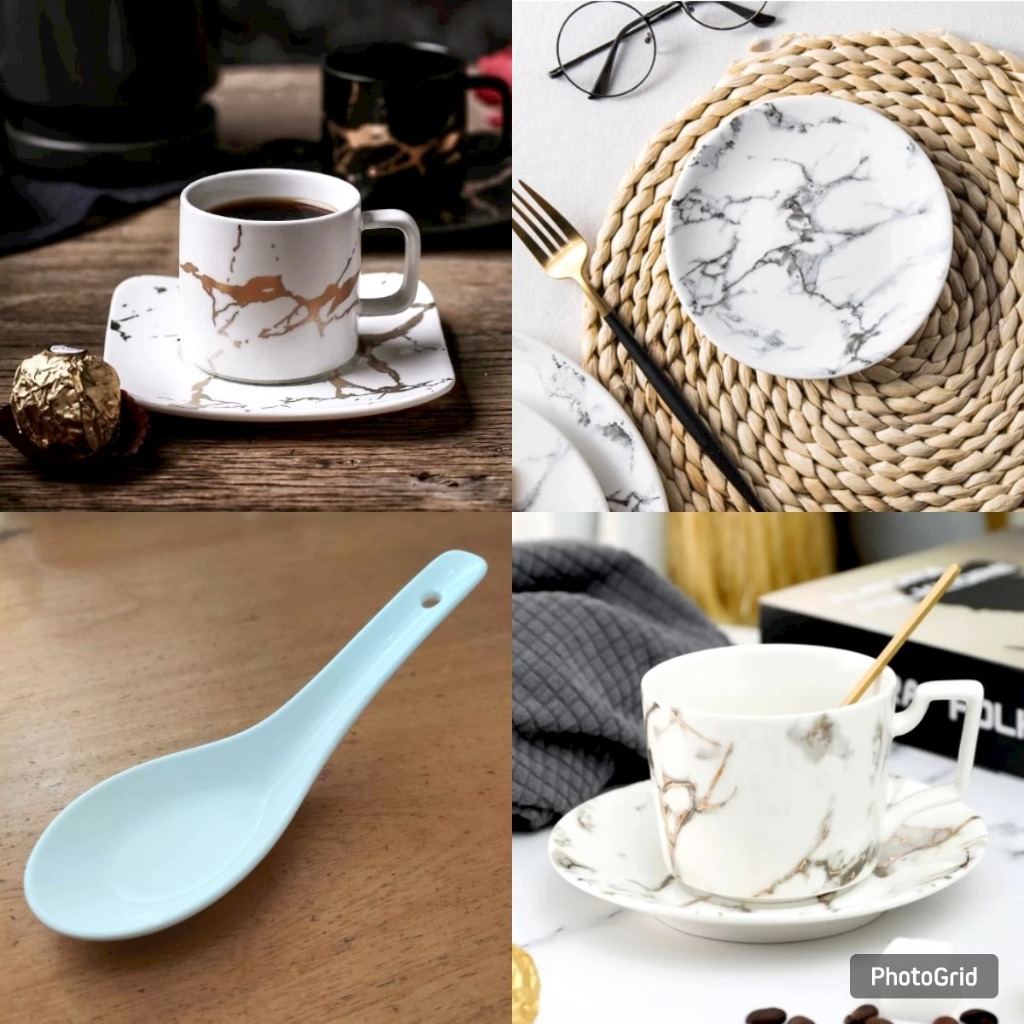 Cangkir Set Marble White Keramik / Gelas Minum Kopi - Teh Marble Keramik / Piring & Sendok Keramik