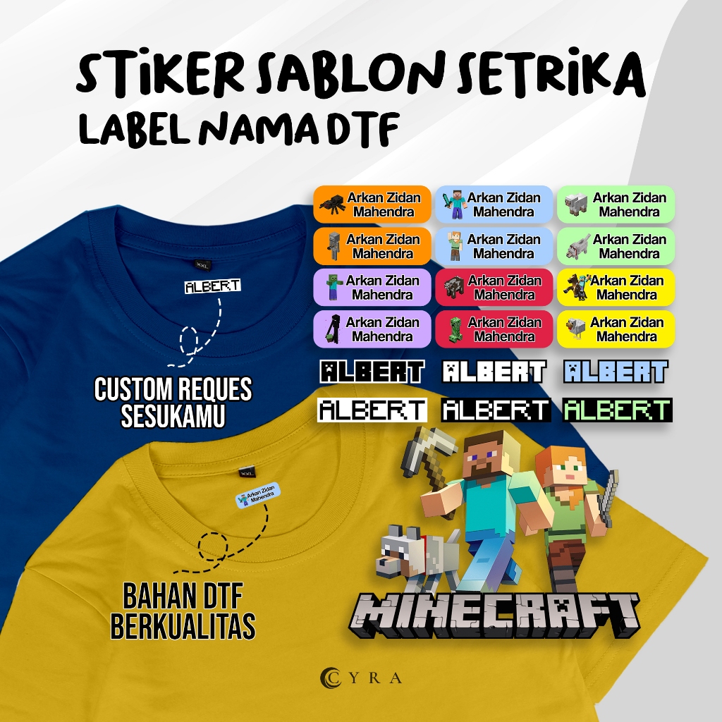 

STIKER SABLON KARAKTER MINECRAFT CUSTOM NAMA ANAK UNTUK KAOS LABEL NAMA SABLON DTF SETRIKA PRAKTIS