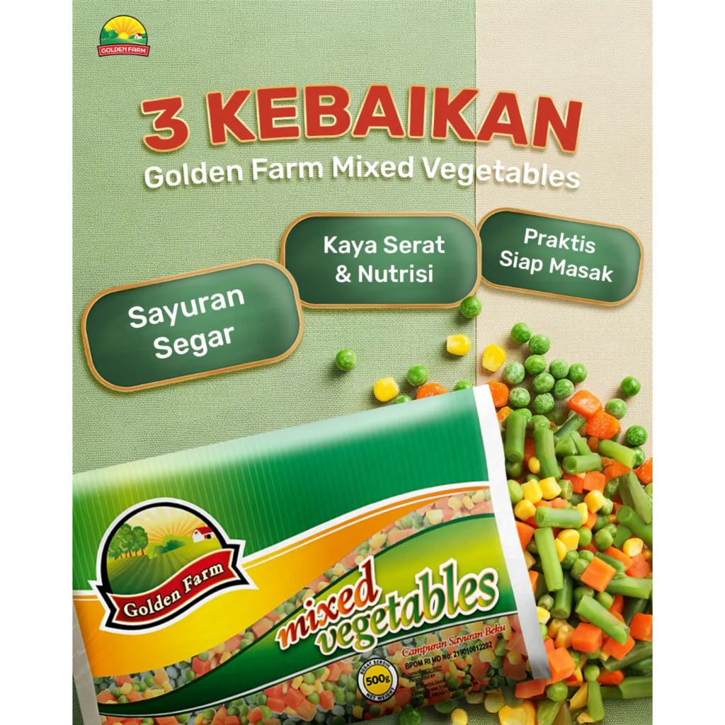 

GOLDEN FARM Mixed Vegetable - Mix Vege - Sayuran Campur Goldenfarm 500GR - Kheiza Frozen