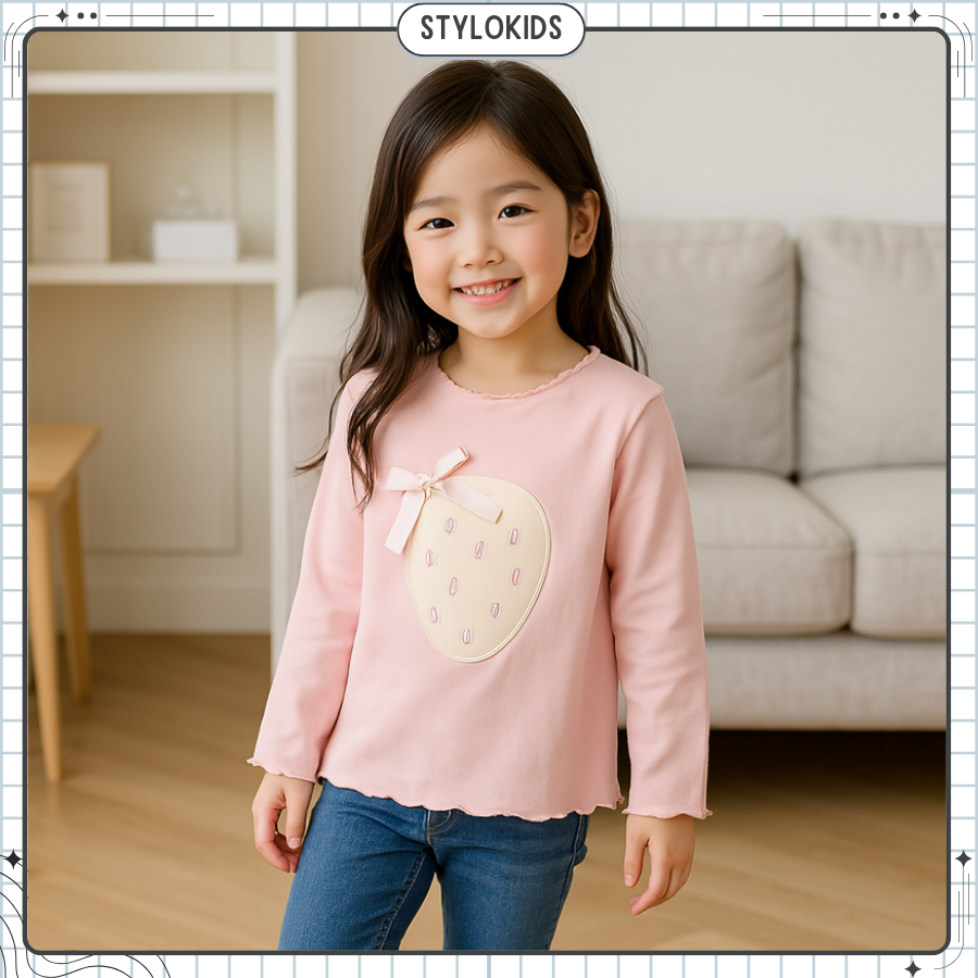 [STYLOKIDS] Baju Kaos T-Shirt Anak Perempuan Lengan Panjang Motif Strawberry Warna Putih, Pink Dan U