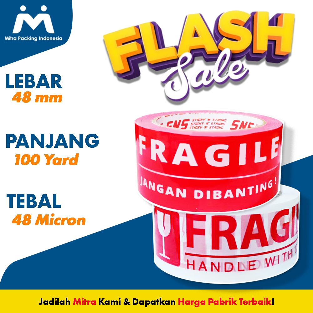

Lakban Fragile Merah/Putih 100 Yard x 48 mm SNS (Sticky N Strong) - Mitra Packing Indonesia