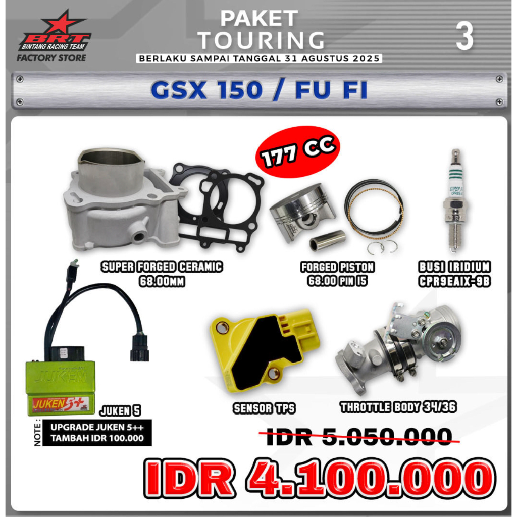 PAKET BLOK PISTON BRT GSX 150/FU FI 177 CC // PAKET BLOK PISTON+JUKEN+THROTTLE BODY BRT