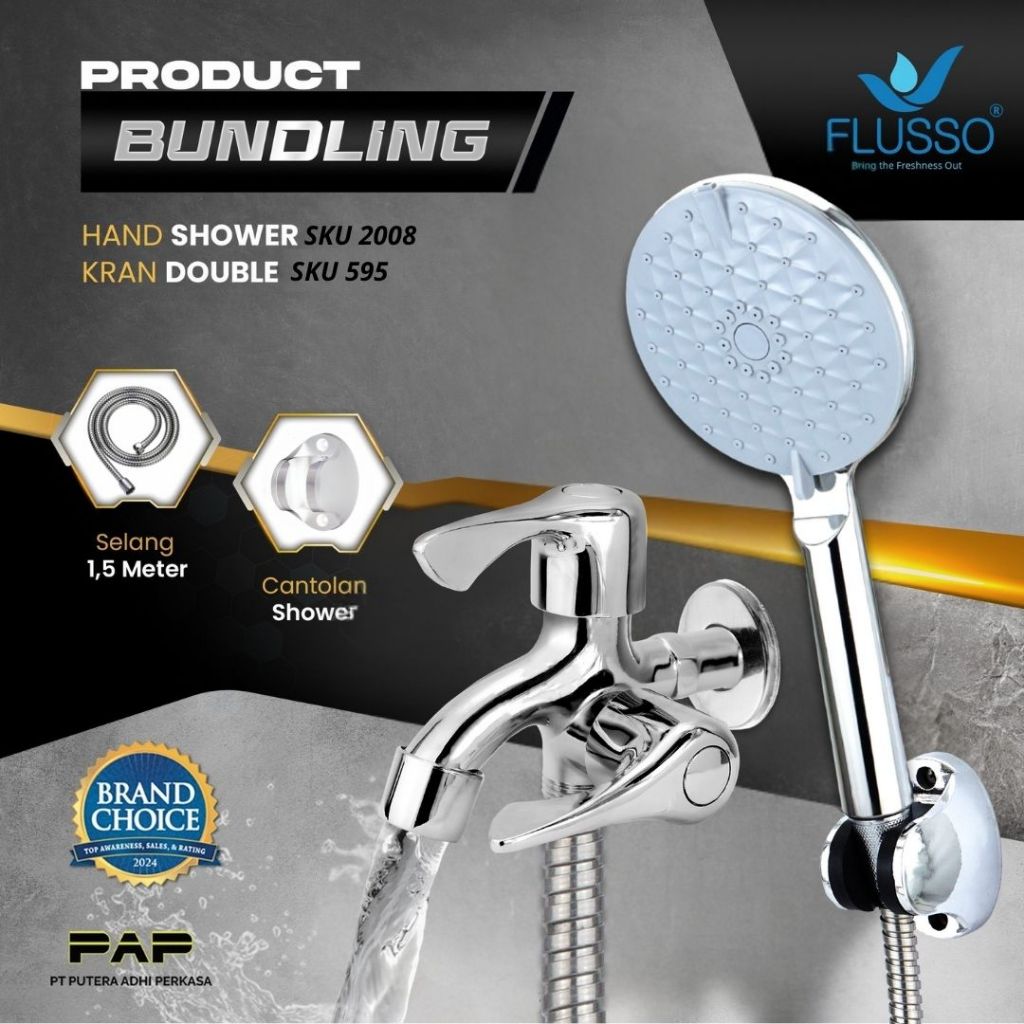 FLUSSO Paket Hemat Shower Set Komplit + Keran Double Flusso Original GARANSI Series 595
