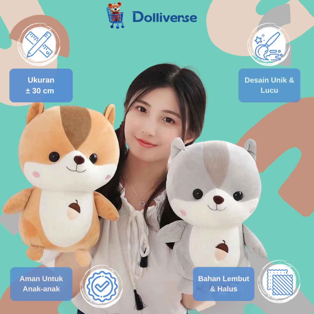 Dolliverse Boneka Tupai Plush Mainan Bayi Hadiah Untuk Anak Anak Boneka Hewan Tupai Mewah lucu imut