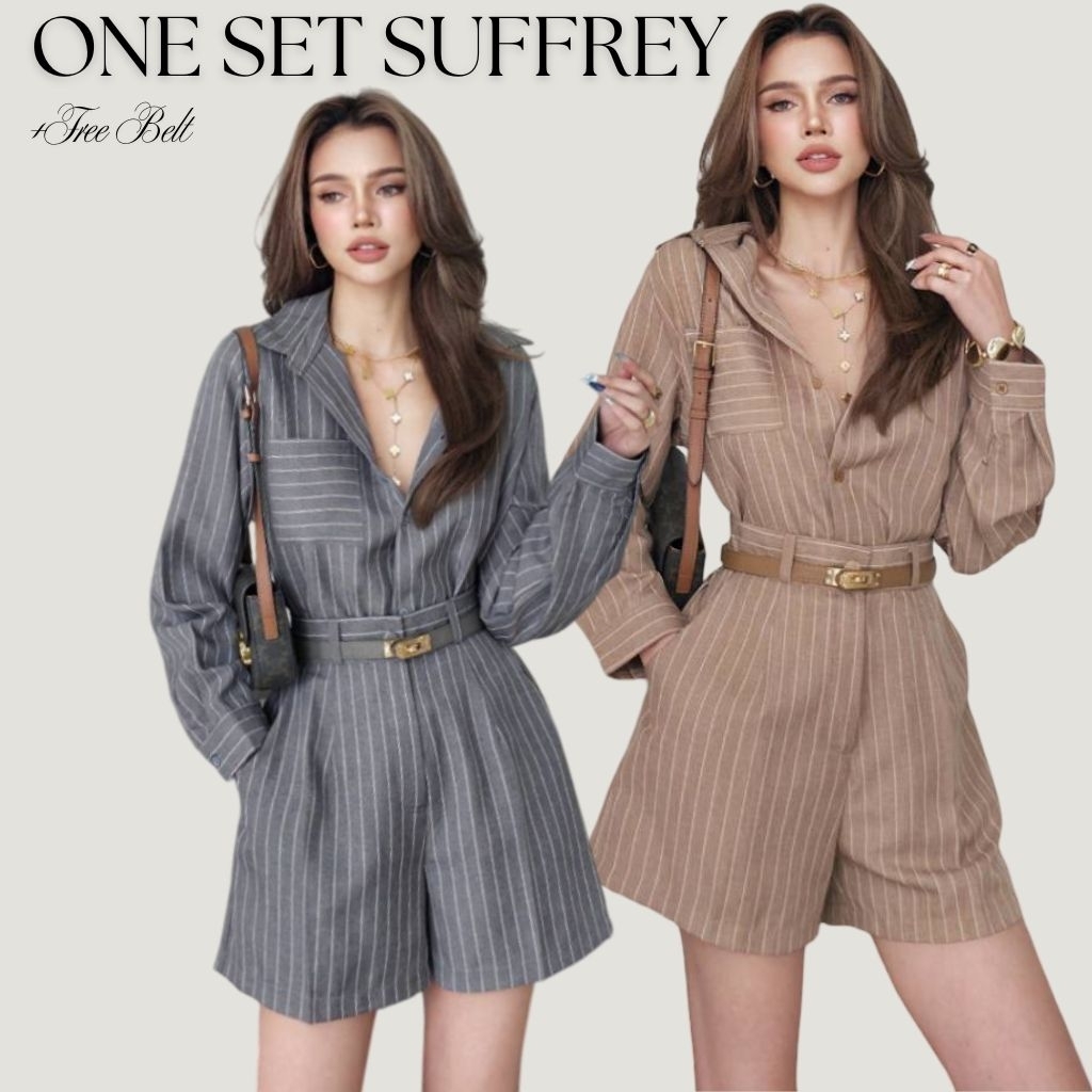 One Set Suffrey + Free Belt Wanita Premium Stripe Model Blazer Top & Short Pants Fashion Korea Elega