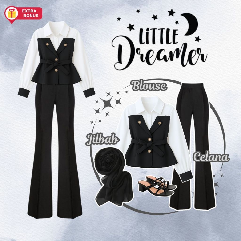 Set Blouse Celana Cutbray dan Hijab Segi Empat Bahan Scuba dan Shakilla Crepe
