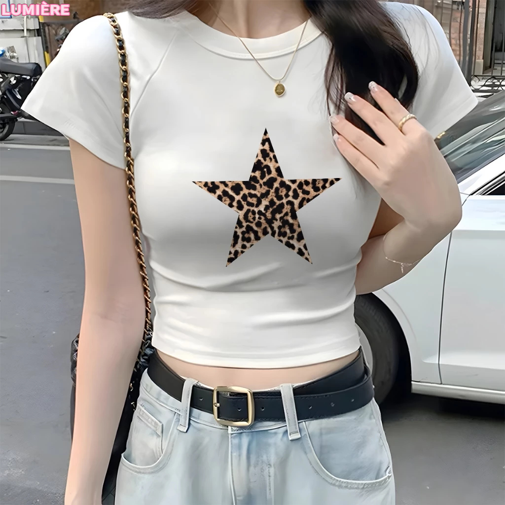 [COD] T-shirt 2025 Crop Top Lengan Pendek Kaos Wanita Crop Top Korea STARS Print Kaos Crop Wanita Ke