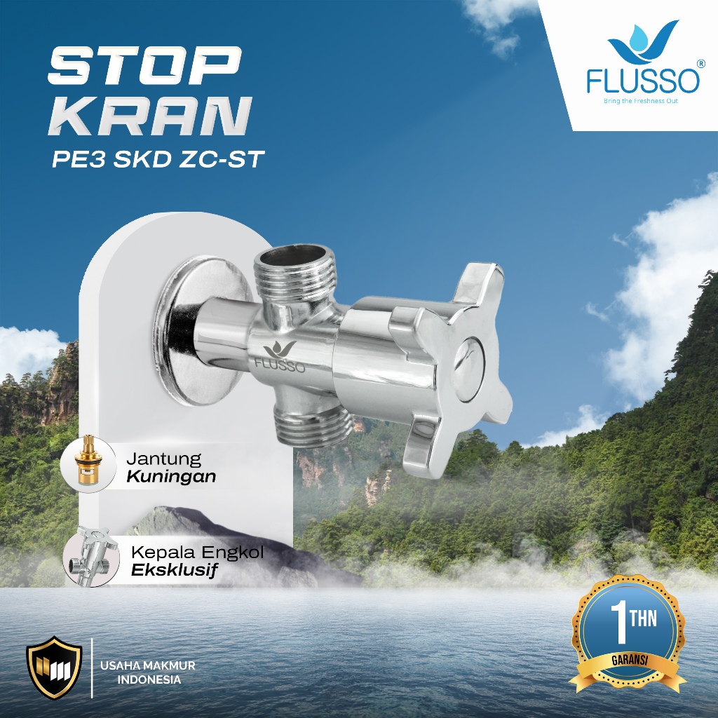 FLUSSO Stop Kran Dobel | Flusso Stop Kran Wc Model Engkol | Stop Kran Cabang | Kran T Closet 833