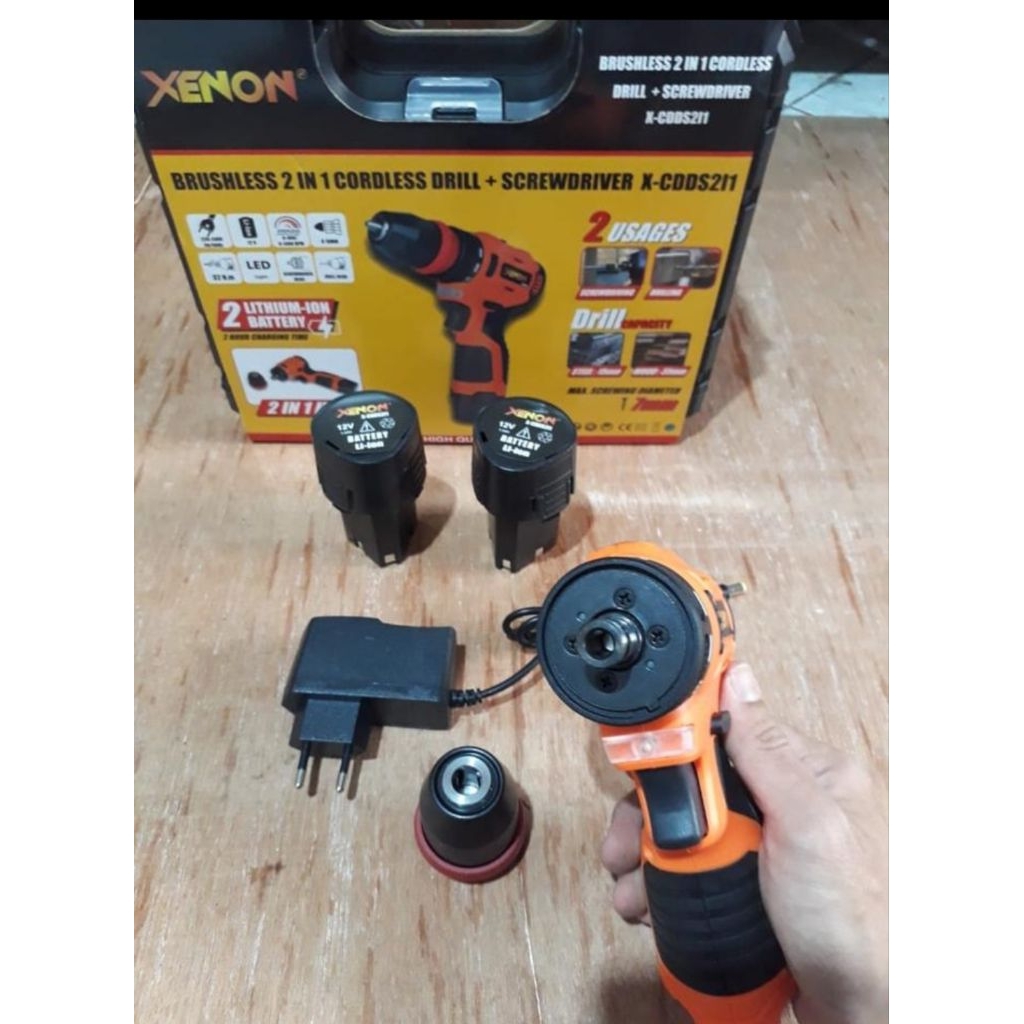 Mesin Bor Obeng Cordless 2in1 XENON CDDS2i1 SCREWDRIVER BRUSHLESS + DRILL 12V Bor Batere 10mm PESEK