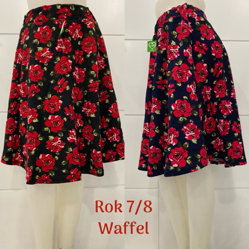 Terbaru rok payung pendek 7/8 wanita bahan waffel motif kembang bunga merah