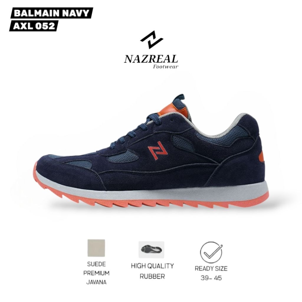 NAZREAL BALMAIN (39 s/d 43) Sepatu Sneakers Sporty Pria Kasual Running Suede Navy/Sepatu Brand Lokal