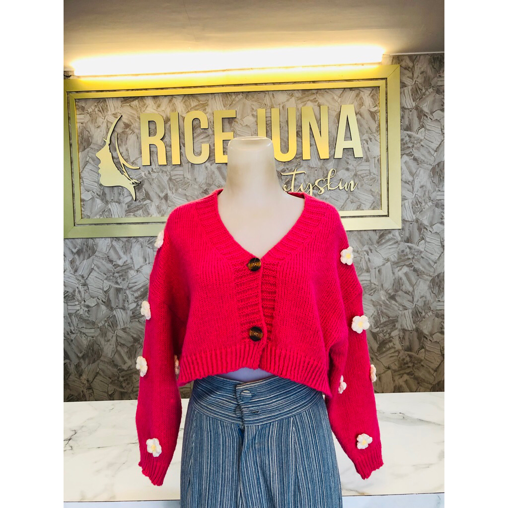 Crop Outher / Cardigan Rajut bunga Kancing