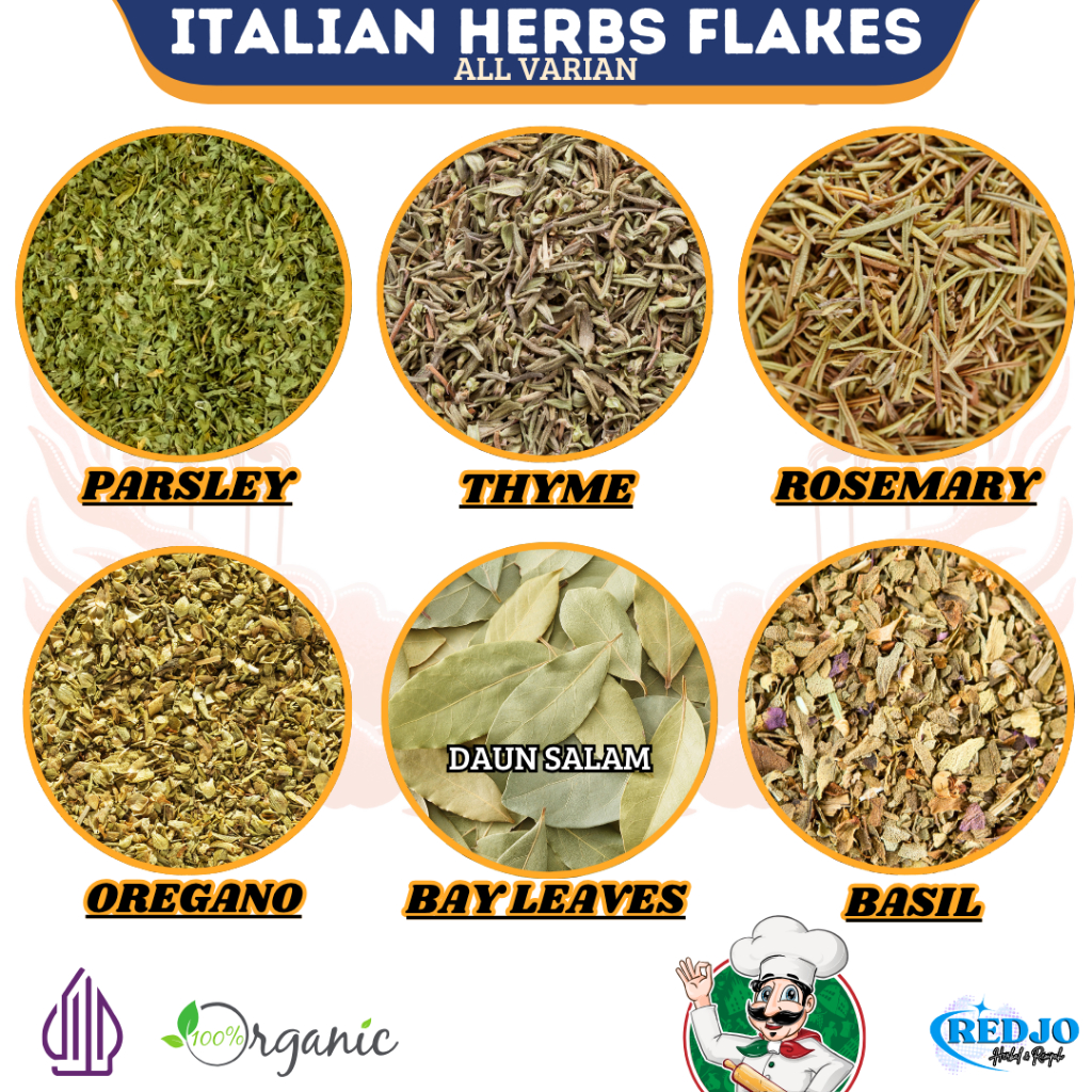 

ITALIAN HERBS Oregano Parsley Basil Rosemary Thyme Marjoram Bay Leaves Rempah Kering Dried Flakes Aromatic Herbs Bumbu Dapur