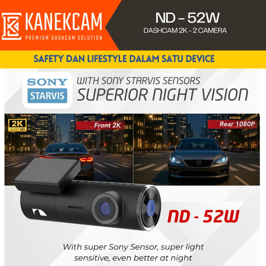 Dashcam Nakamichi ND-52W 2K Kamera CCTV Mobil Dashcam 2 Camera