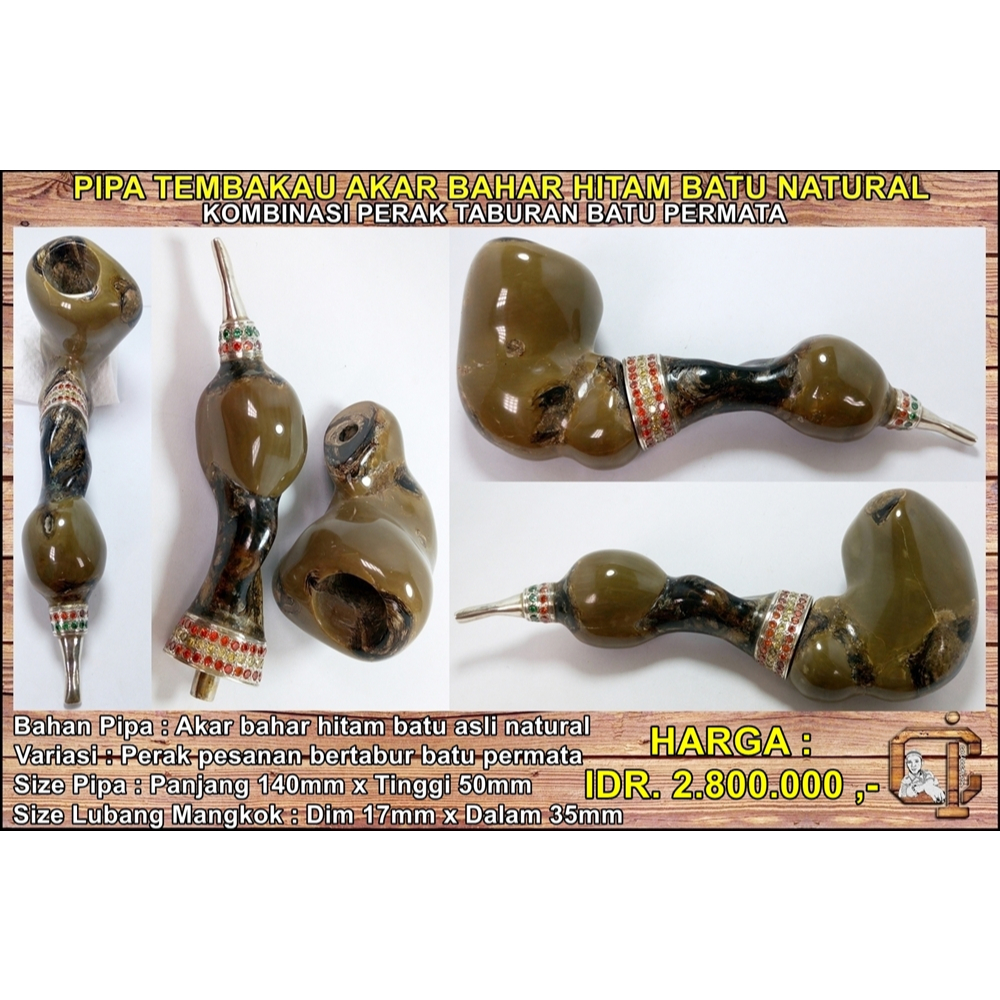 Pipa once akar bahar hitam batu asli alami kombinasi perak taburan batu permata antik langka.