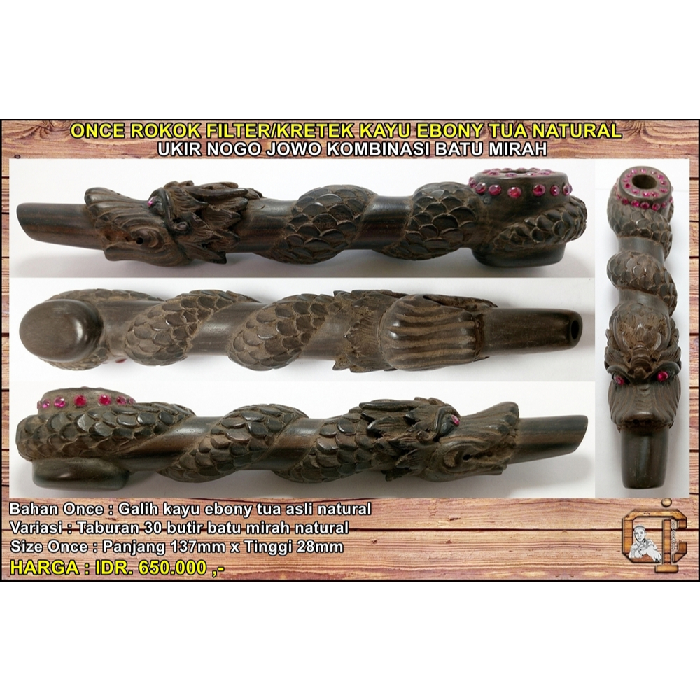 Pipa once kayu ebony kuno ukir Nogo Jowo kombinasi batu Mirah asli alami antik langka.