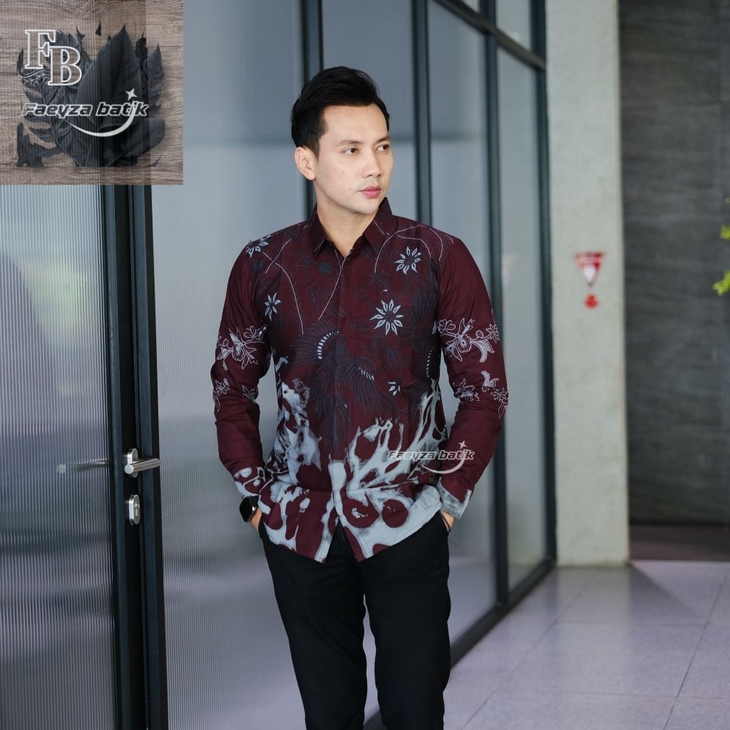 Kemeja batik warna BURGUNDY Kemeja batik pria lengan panjang, Hem batik, Atasan batik Motif bintoro 