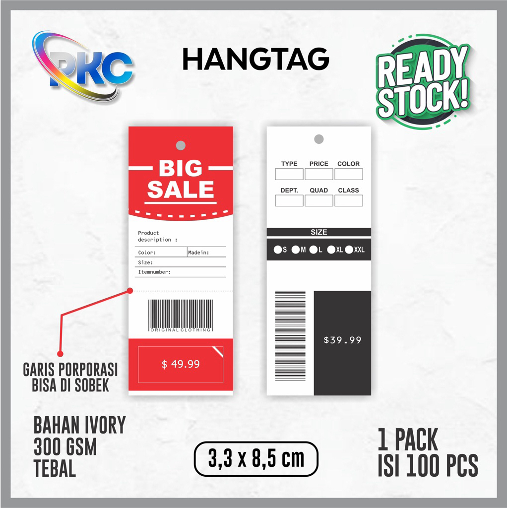 

(100pcs) hang tag label baju/ hangtag barcode garis porporasi/ hangtag import