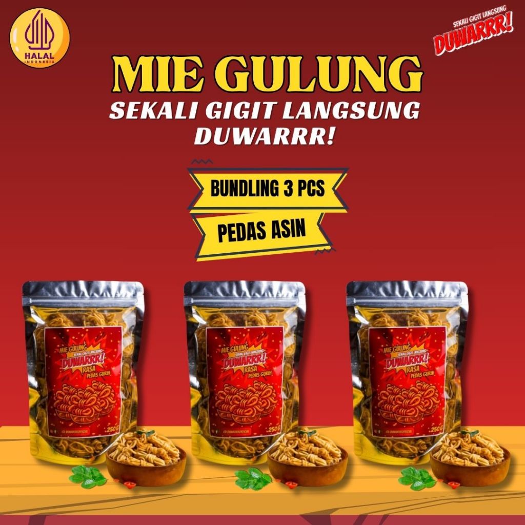 

Bundling Rasa Pedas Asin 3pcs 250g Mie Gulung DUWARRR Daun Jeruk Renyah Gurih