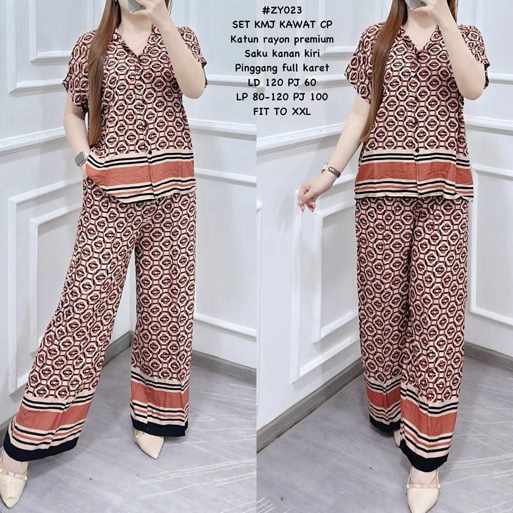 BS-Set kmj 023  kawat Fit Karet Katun Rayon Setelan Wanita Celana Baju Panjang Kulot