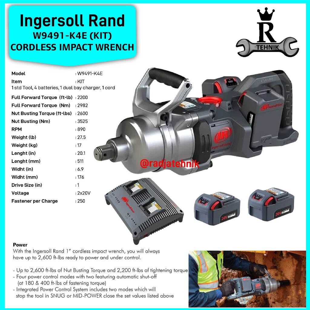 INGERSOLL RAND  IR Cordless Impact Wrench  Cordless Impact Wrench 1" W9491-K2E  Alat Tukang Serbagun