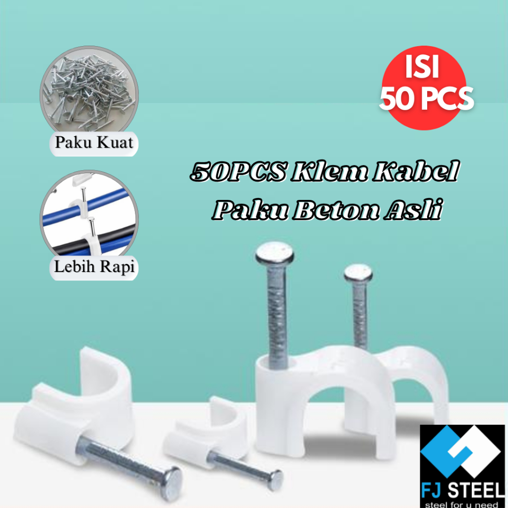 FJ - KLEM KABEL PAKU BETON KLEM PRALON UKURAN 10mm & 12mm/ PAKU KLIP BETON BESI BAJA KEMASAN 50pc
