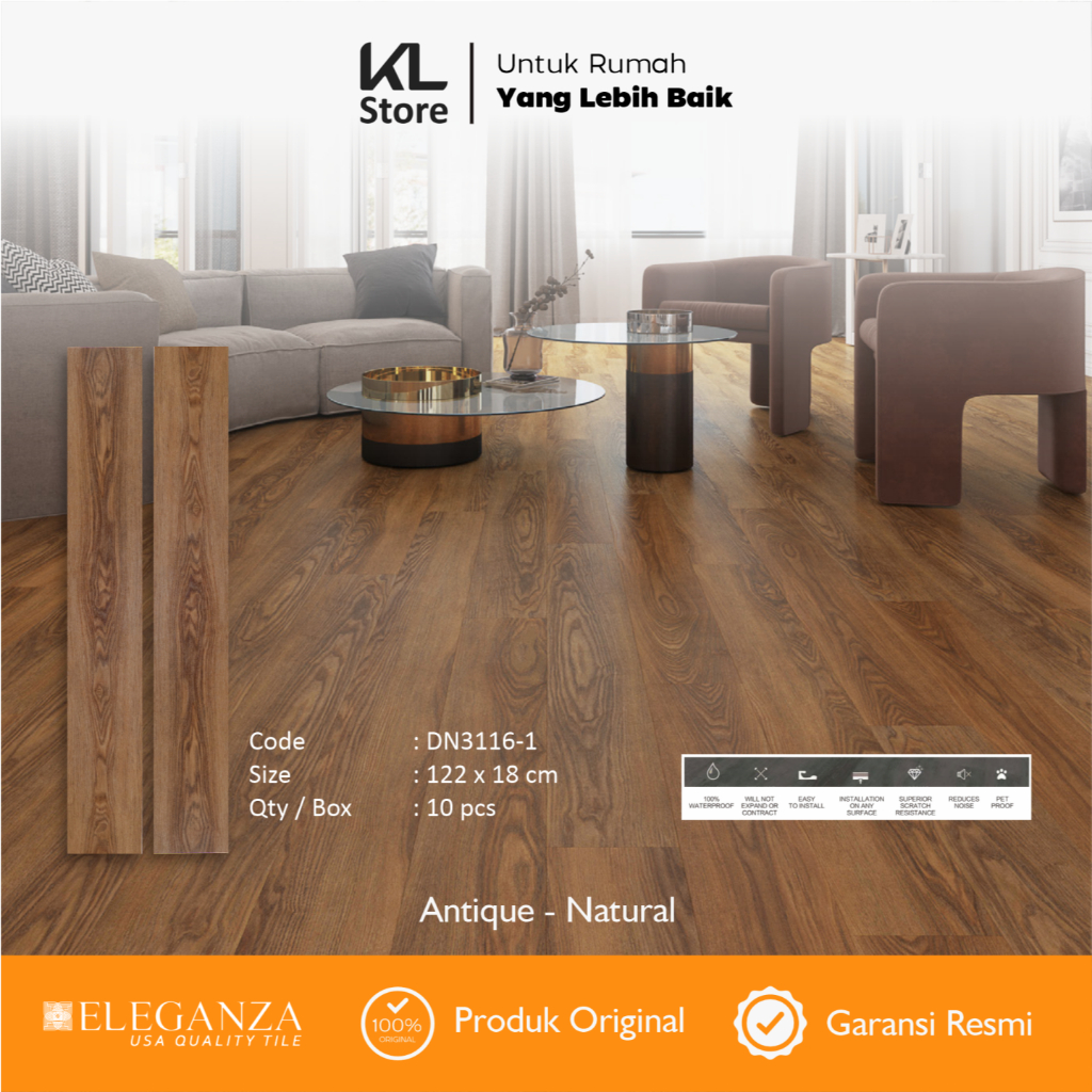 ELEGANZA SPC Lantai & Dinding 4mm / Motif Kayu 18 x 122cm / (Isi 10 Lembar / 2.196m²)