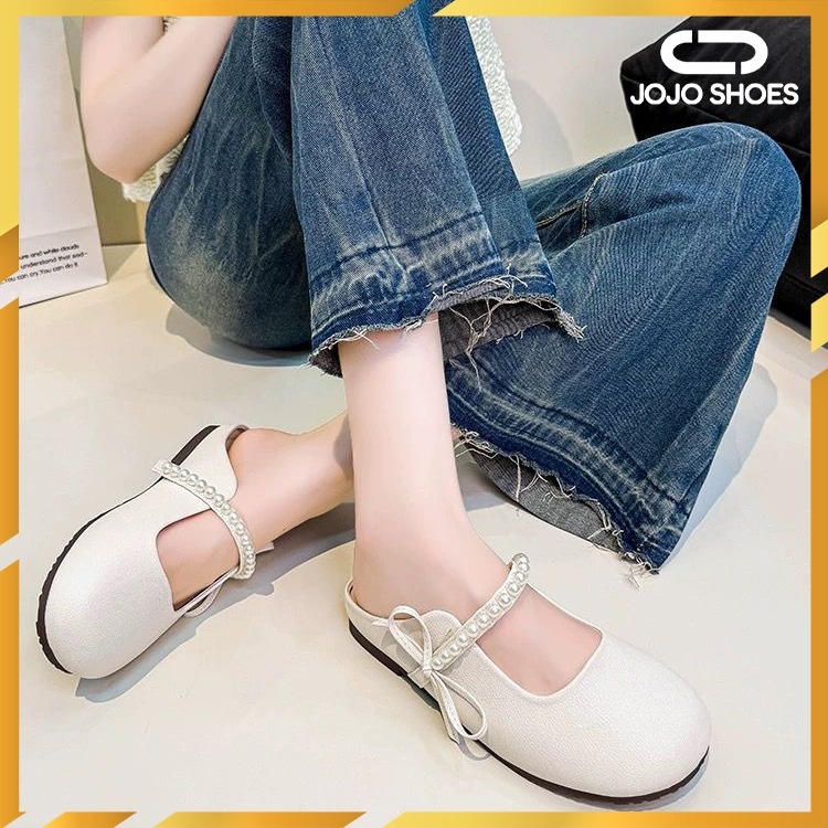 [JOJO SHOES] Flatshoes Jelly Wanita Teplek Motif Mutiara Pita Bahan Jelly Sandal Selop 1888
