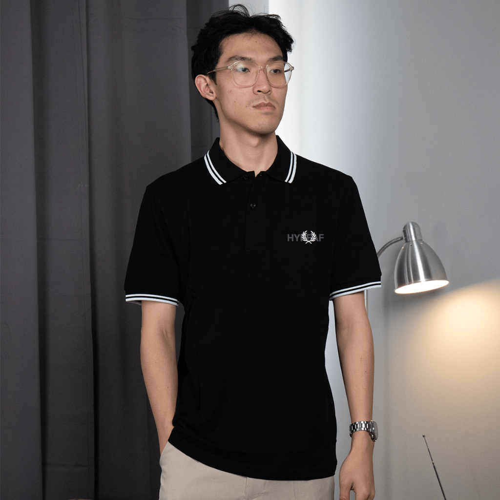 FRED PERRY Black Polo T-Shirt - White and White