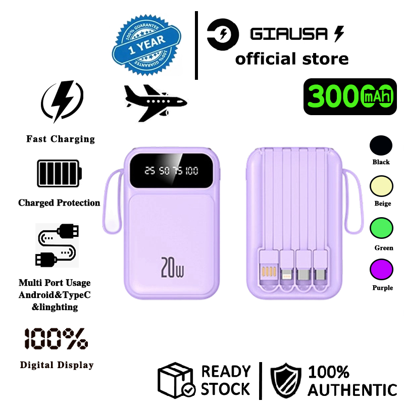 Mini Powerbank Dapat naik pesawat Dual USB Flashlight 30000mAh Pengisian Cepat Tiga Kabel Data 4in1 