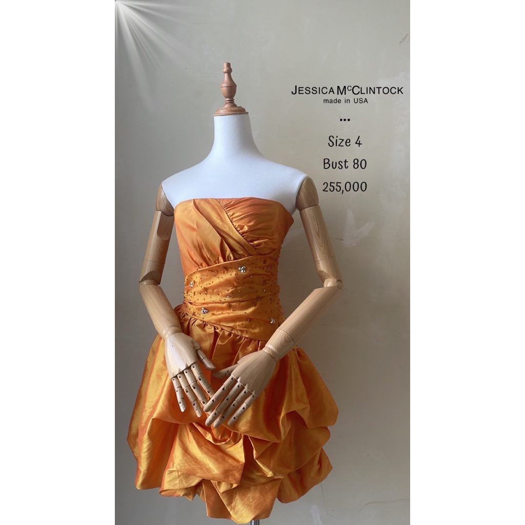 Dress pesta gaun pendek mini cocktail orange oren kemben payet manik jessica mc clintock preloved pr