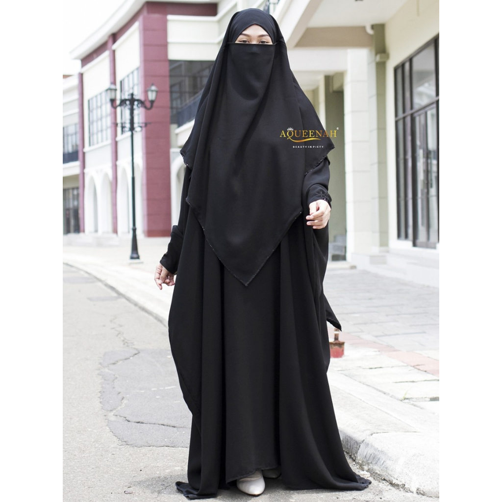 Aqueenah - Abaya Kaftan Karimah Gamis Set French Khimar - Hitam Jetblack